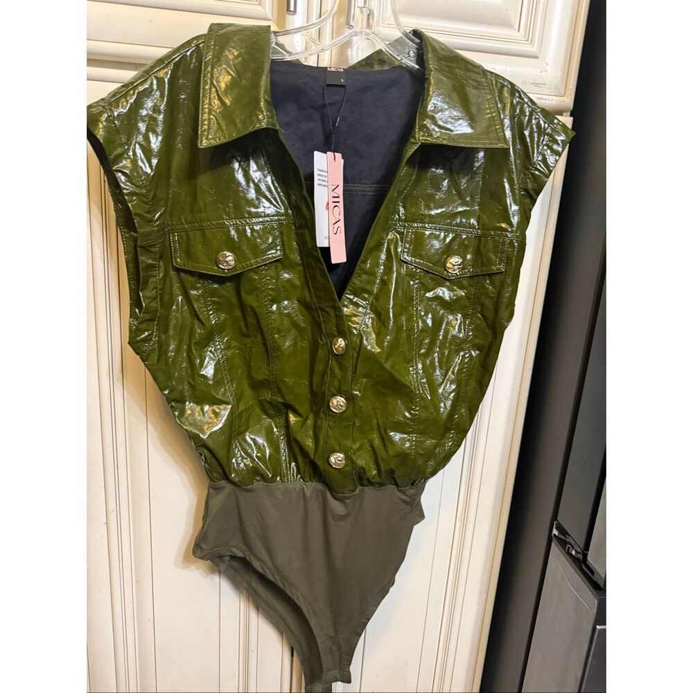 Micas Women's Faux Leather Button Patchwork Tank Sleeveless Bodysuit Olive Large - Picture 3 of 11